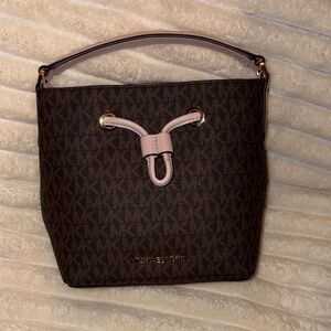 Michael Kors Brown Monogram Bucket Bag with Pink Accents